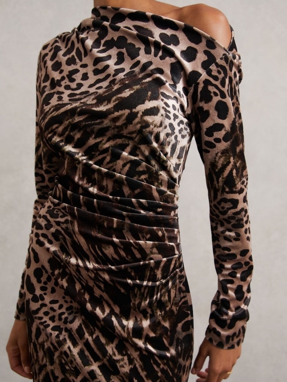 Reiss Briana Velvet Leopard Midi Dress Black/Brown Off Shoulder Long Women's 8 - Picture 3 of 11